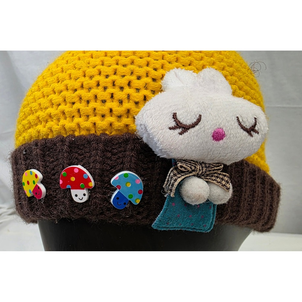 Kids Yellow Knit Bunny Beanie Mushroom Accents Pom Pom Tail Winter Hat - Picture 2 of 6